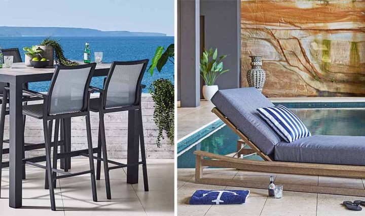 Outdoor bar table and sun lounge.