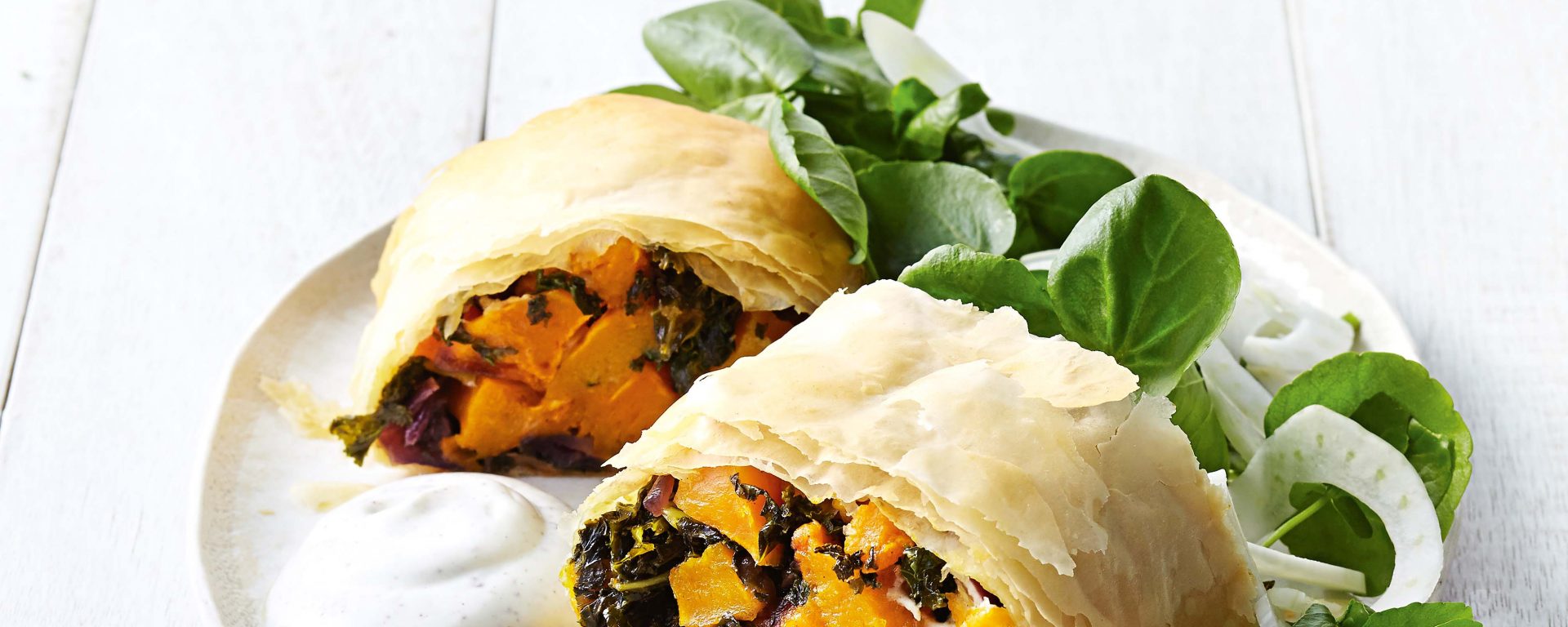 Maple-roasted sweet potato and silverbeet strudel recipe