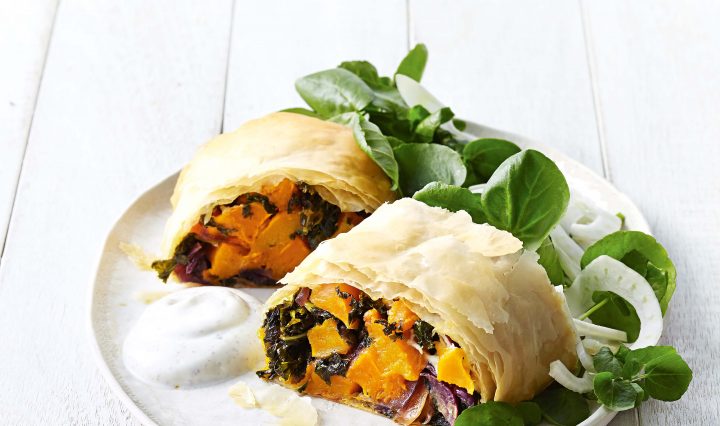 Maple-roasted sweet potato and silverbeet strudel recipe