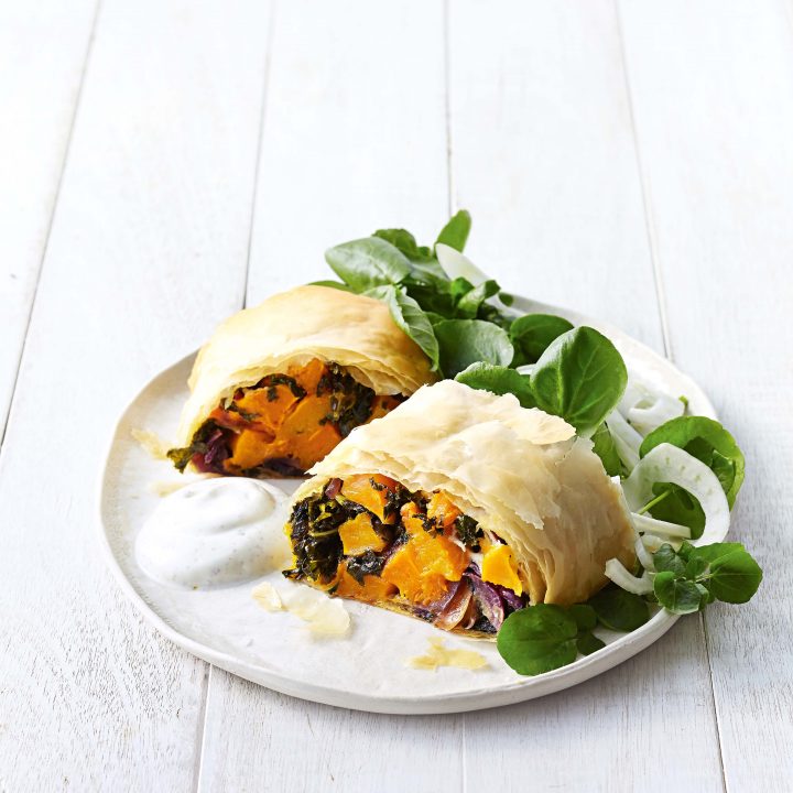Maple-roasted sweet potato and silverbeet strudel recipe