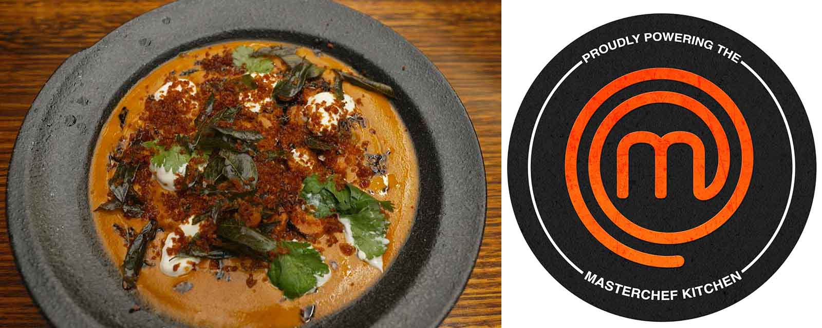 A plated Curried Carrots dish next to the MasterChef Australia logo.