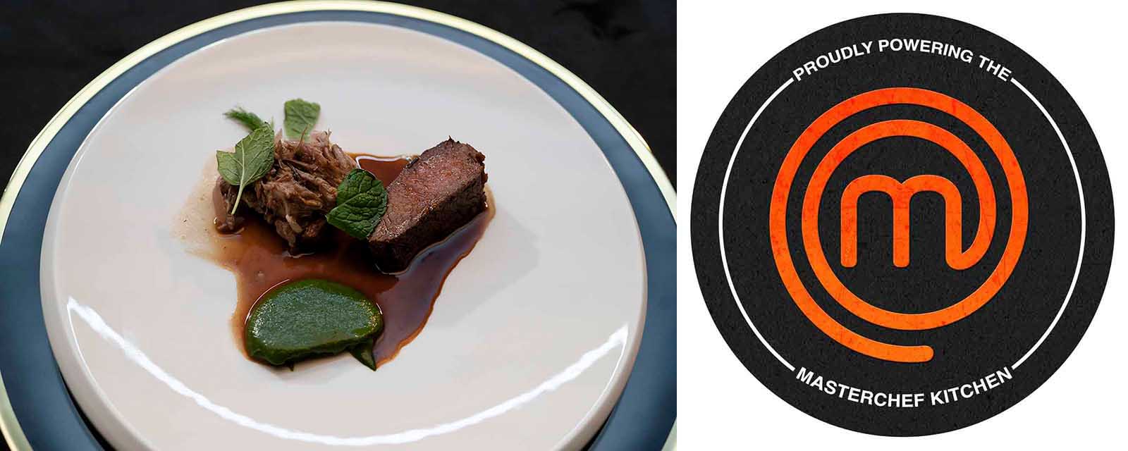 Lamb and Saag dish next to the MasterChef Australia logo.
