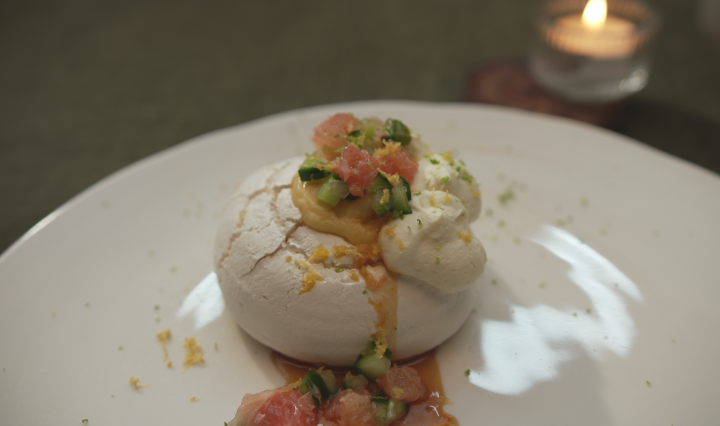 Grapefruit Pavlova plated on an episode of MasterChef Australia.