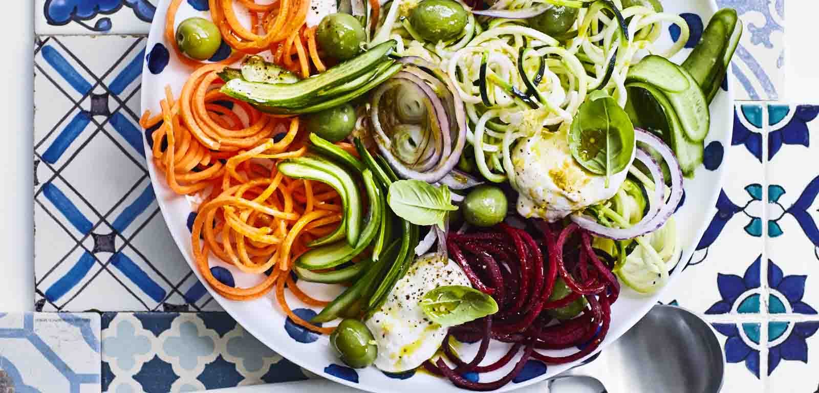Mediterranean-Style Salad with Raw Vegetable Noodles.