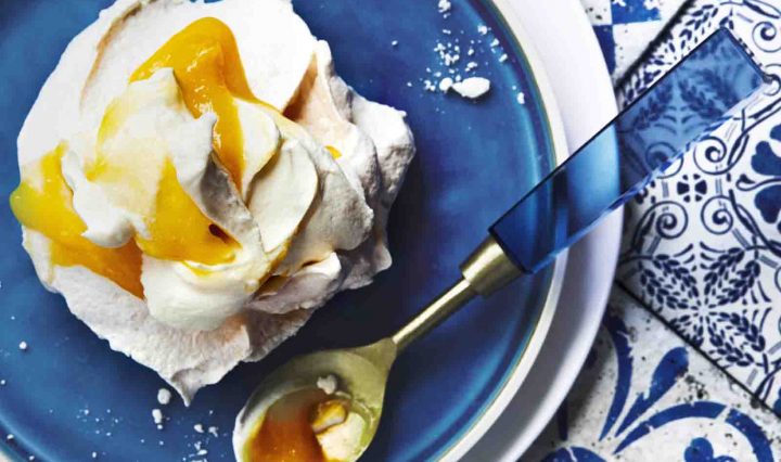 Mini Pavlovas with Crème Fraîche, Mango, and Tropical Curd recipe.