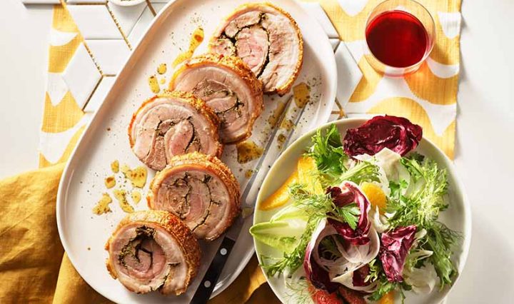 Native spiced porchetta with bitter leaf salad, citrus and herbs.