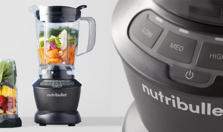 Images of the NutriBullet Blender Combo 1200, including detail of the NutriBullet Blender 1200's function buttons, plus pitcher and cups.