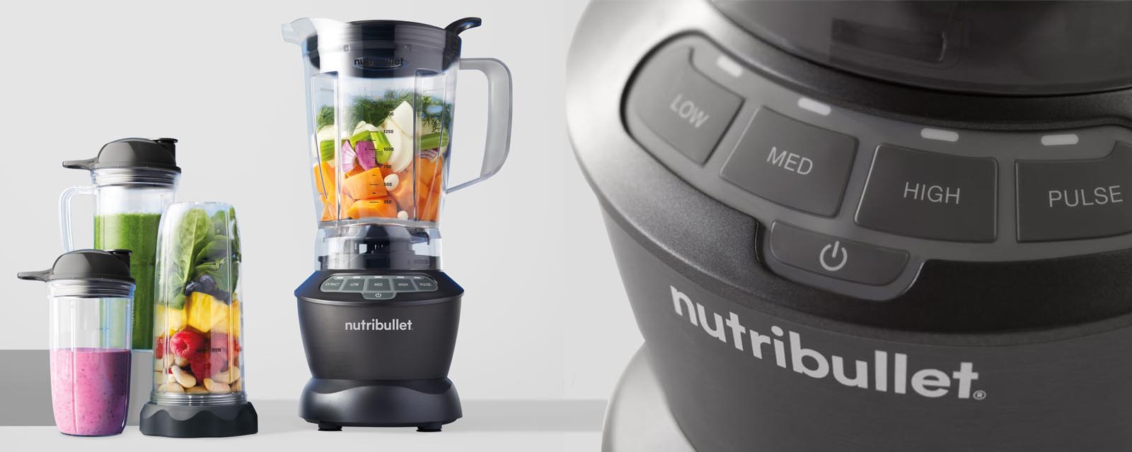 Images of the NutriBullet Blender Combo 1200, including detail of the NutriBullet Blender 1200's function buttons, plus pitcher and cups.
