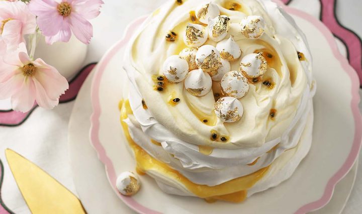 Plated Passionfruit Meringue Cake.