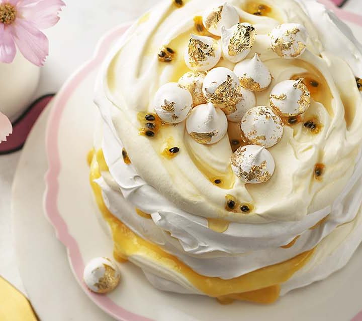 Plated Passionfruit Meringue Cake.