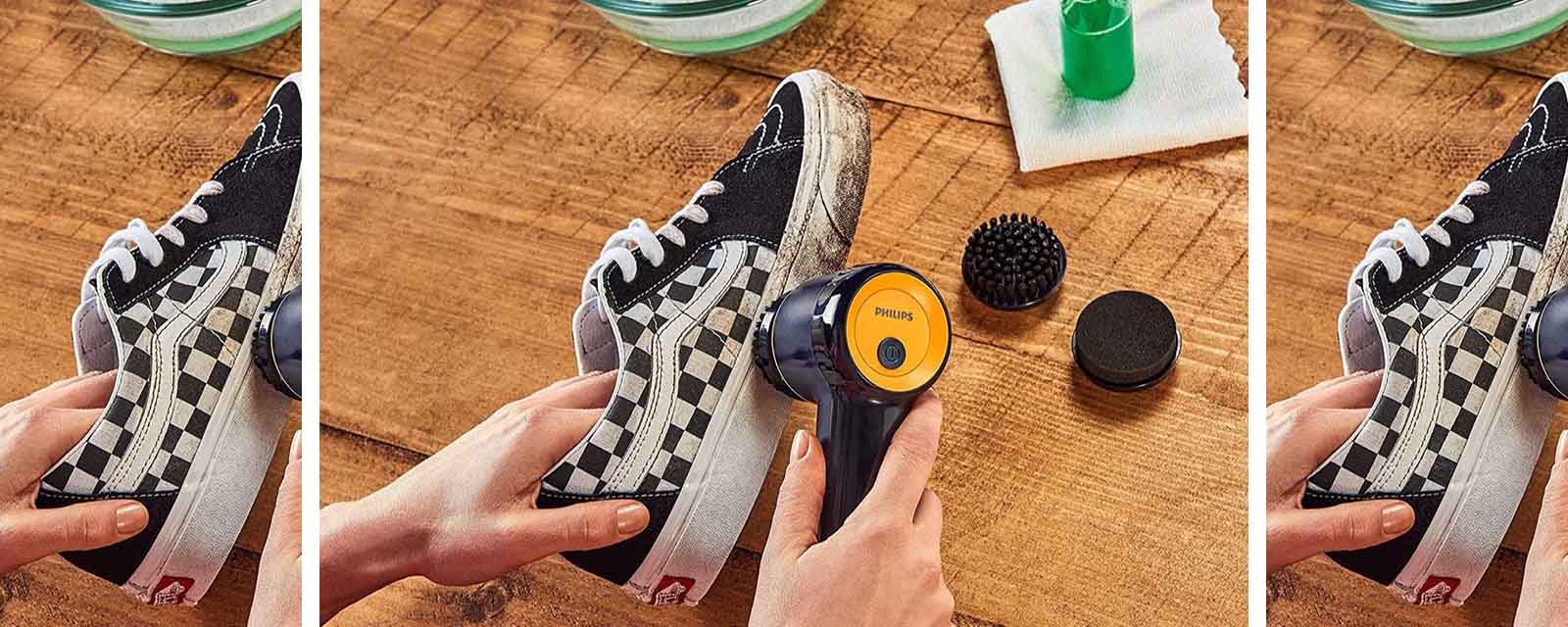 The Philips Sneaker Cleaner being used to clean a canvas shoe.