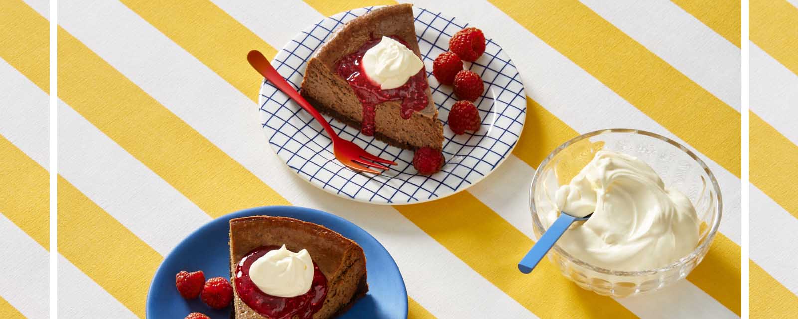 Cappuccino Cheesecake on a yellow and white tablecloth.