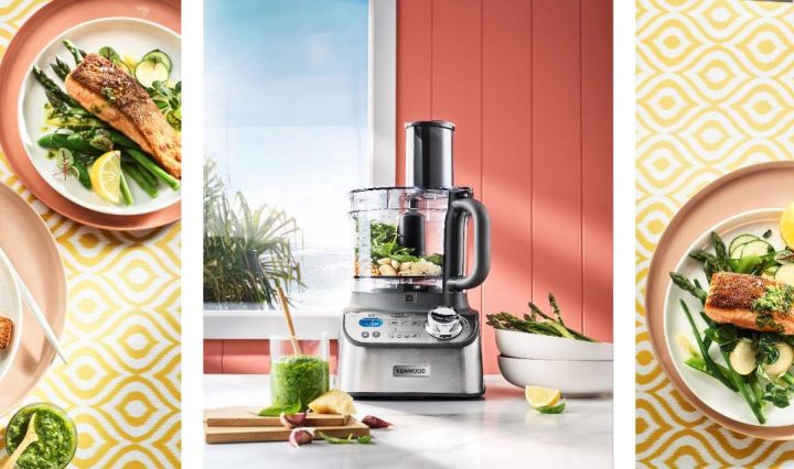 Kenwood Multipro Express Weigh+ Food Processor and plated Crispy-skinned Salmon.