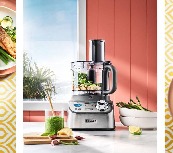 Kenwood Multipro Express Weigh+ Food Processor and plated Crispy-skinned Salmon.