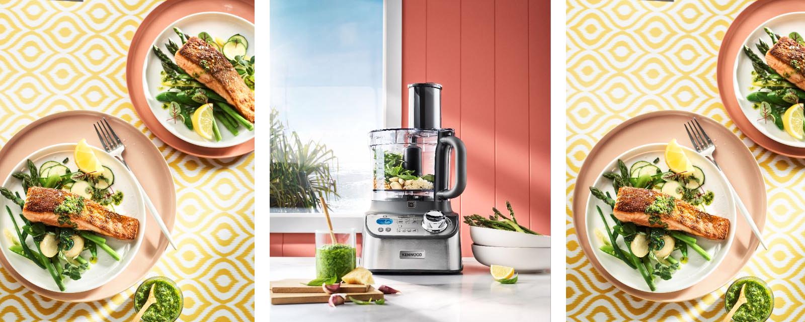 Kenwood Multipro Express Weigh+ Food Processor and plated Crispy-skinned Salmon.