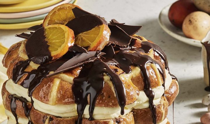 A close up photo of a Hot Cross Bun Cake.
