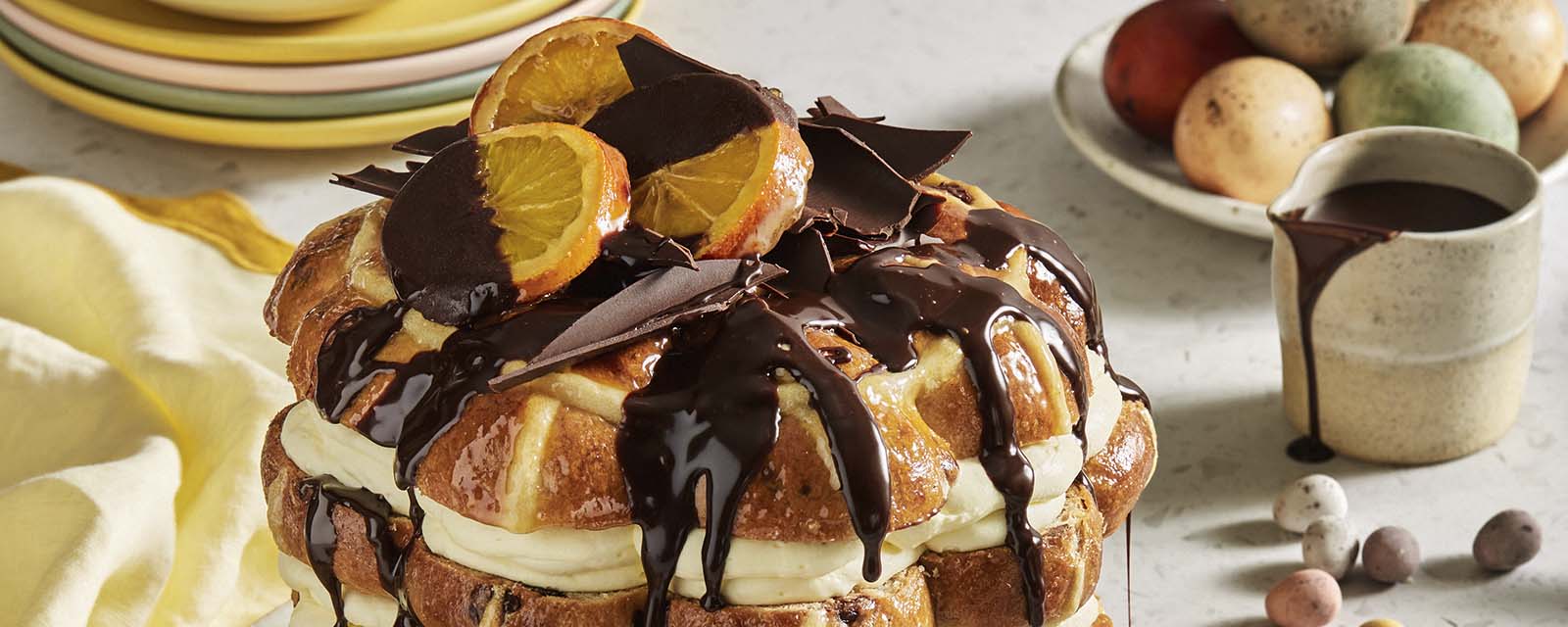 A close up photo of a Hot Cross Bun Cake.