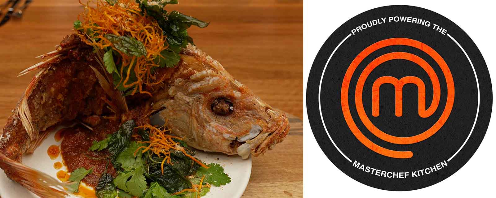 The MasterChef logo next to a plated dish of Hot and Sour Crispy Fried Fish.