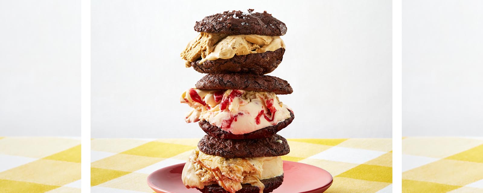 Ice-Cream Biscuits on a yellow and white tablecloth.