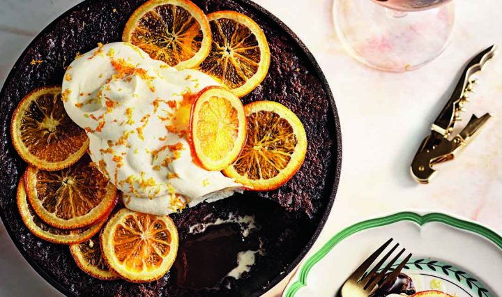 A close up of our Orange Chocolate Skillet Pudding dessert.