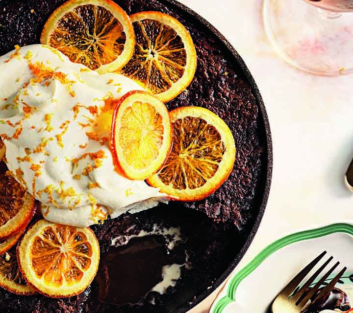 A close up of our Orange Chocolate Skillet Pudding dessert.