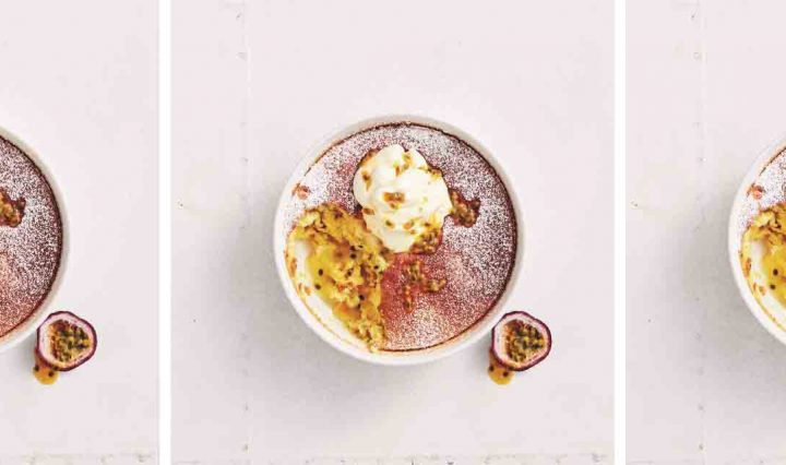 A collage of our Passionfruit Self-Saucing Pudding recipe.