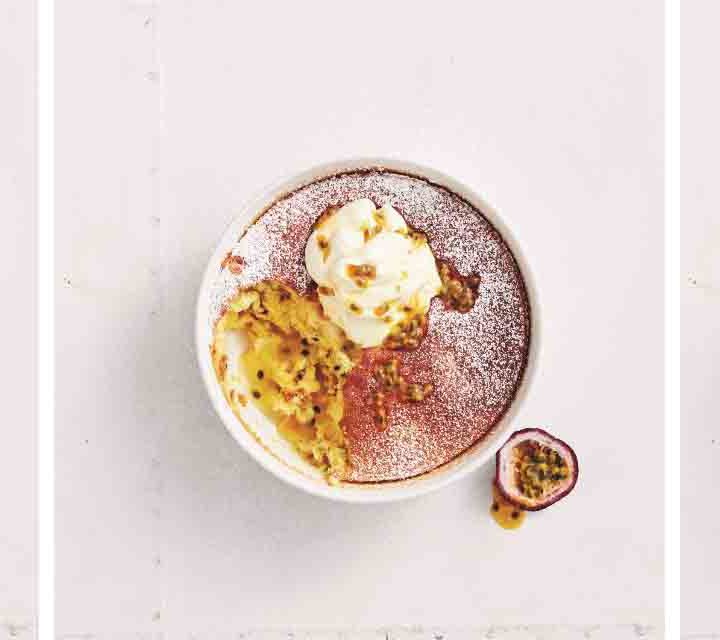 A collage of our Passionfruit Self-Saucing Pudding recipe.