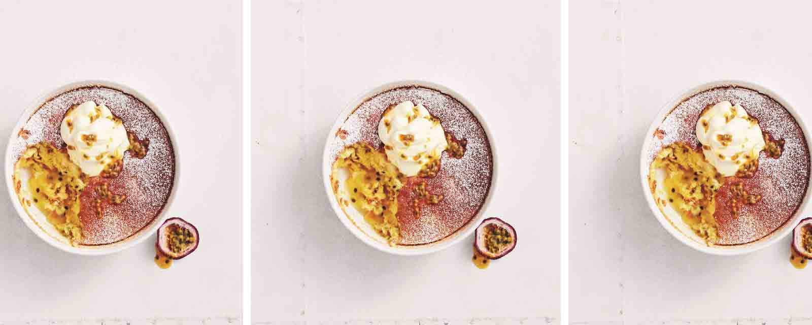 A collage of our Passionfruit Self-Saucing Pudding recipe.