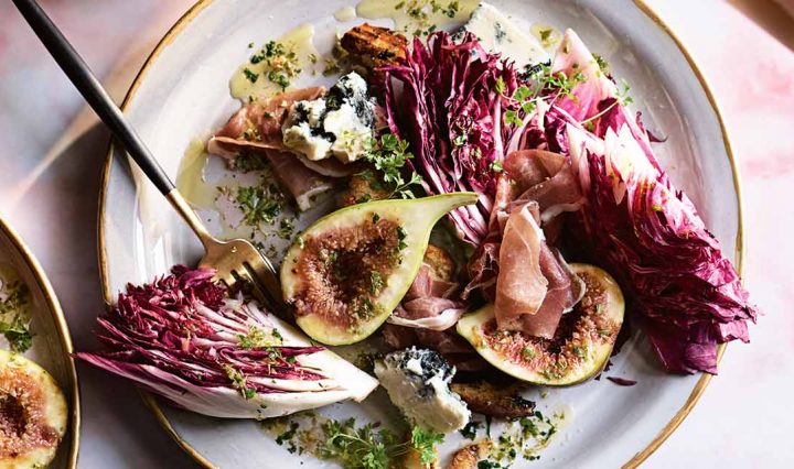 A close up of our Spiced Fruit Loaf, Fig and Salad plate.