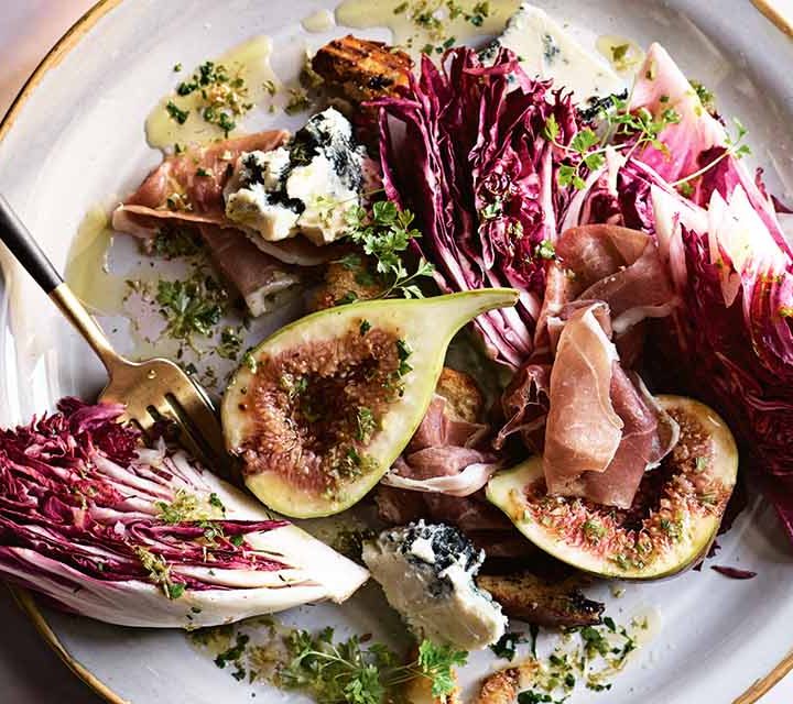 A close up of our Spiced Fruit Loaf, Fig and Salad plate.