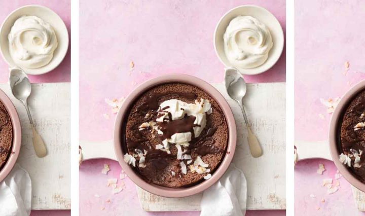 A collage of our Ultimate Chocolate Impossible Pie recipe.