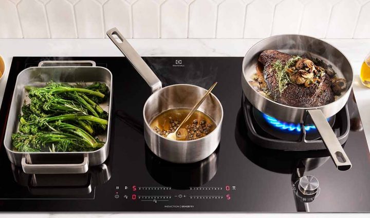 Westholme wagyu bavette cooking on an Electrolux Induction Cooktop with Gas Burner.