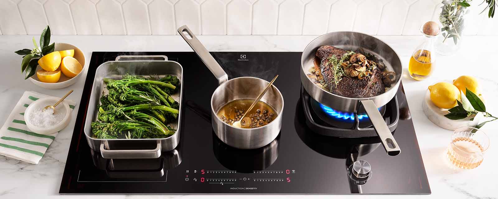Westholme wagyu bavette cooking on an Electrolux Induction Cooktop with Gas Burner.