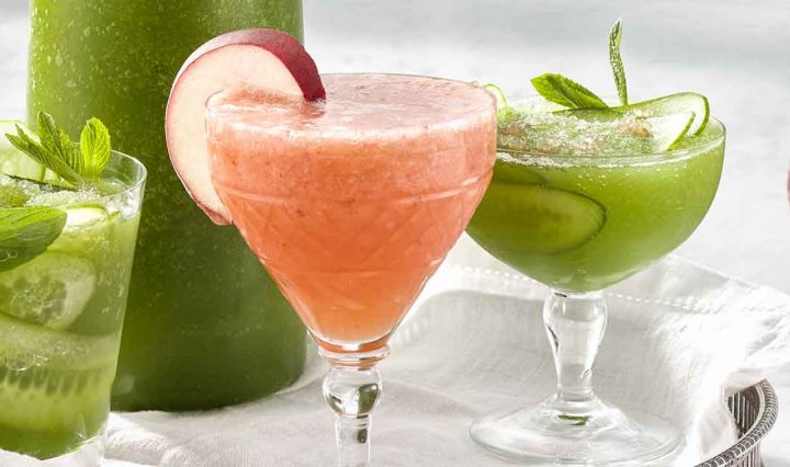 Our recipes for White Peach Aperol Spritz and Cucumber + Lime Gin Frappe.
