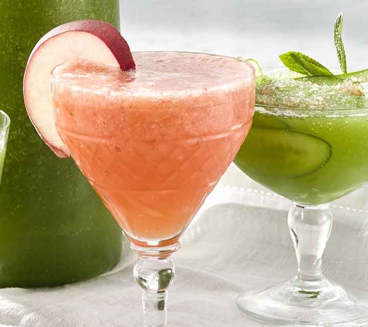 Our recipes for White Peach Aperol Spritz and Cucumber + Lime Gin Frappe.