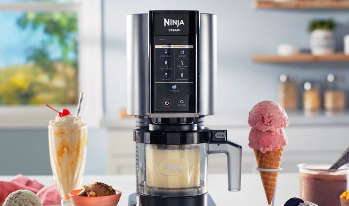 The Ninja Creami Ice Cream Maker next to an ice cream cone and milkshake.