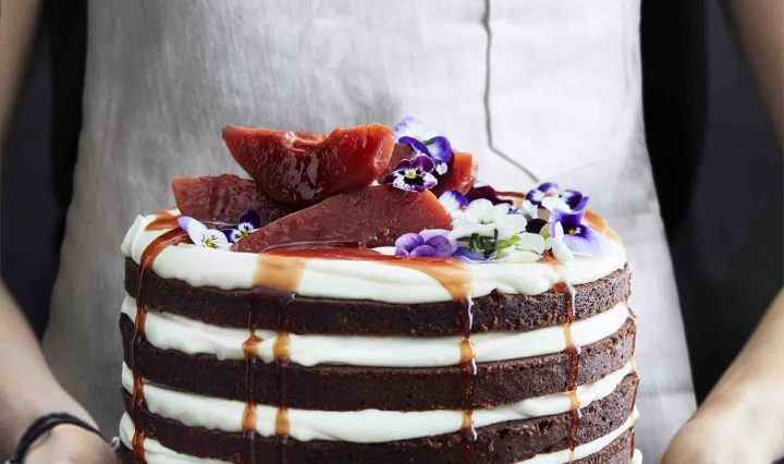 Rich Chocolate Yoghurt Cake with White Chocolate Ganache and Poached Quince