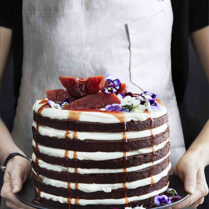 Rich Chocolate Yoghurt Cake with White Chocolate Ganache and Poached Quince