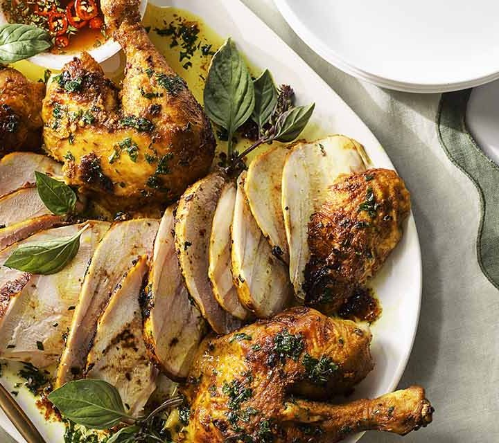 Roasted Chicken with Turmeric, Lemongrass and Shallots plated.