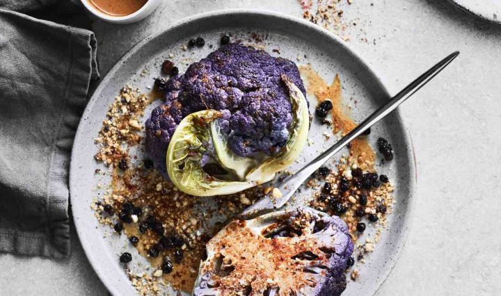 Roasted Purple Cauliflower with Harissa, Macadamia and Pickled Currants