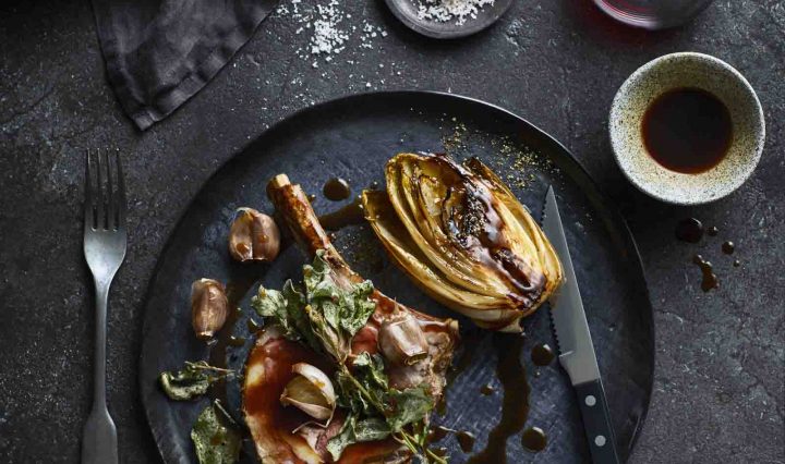 Roasted Rib of Beef with Witlof, Soft Garlic and Lardo Jus