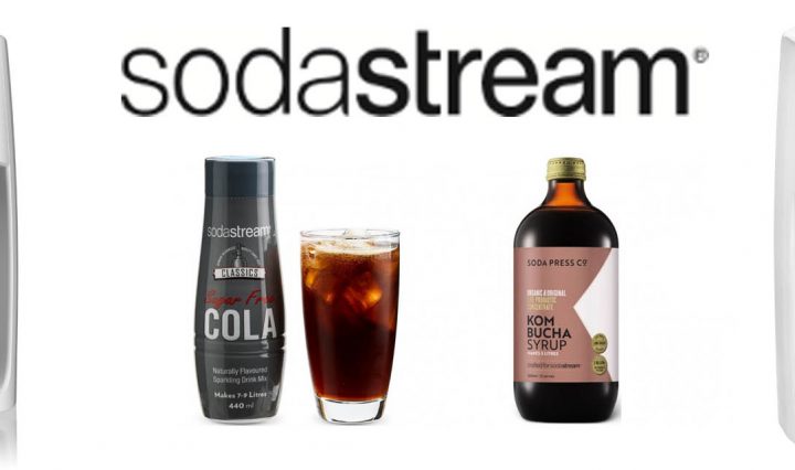 Two images of the SodaStream Spirit One Touch Sparkling Water Make, along with an image of SodaStream's sugar-free cola flavour and Soda Press Co's Kombucha flavour.