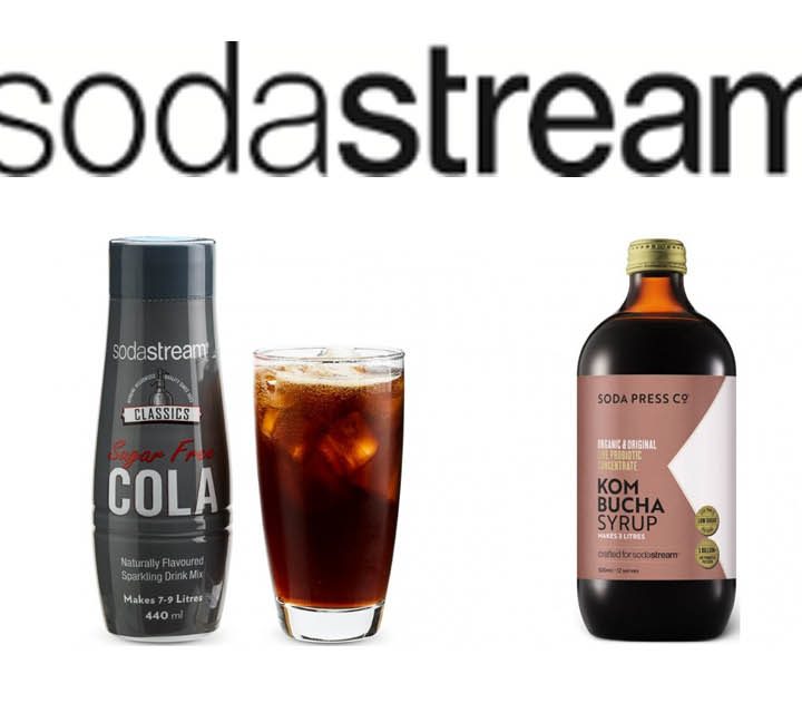 Two images of the SodaStream Spirit One Touch Sparkling Water Make, along with an image of SodaStream's sugar-free cola flavour and Soda Press Co's Kombucha flavour.