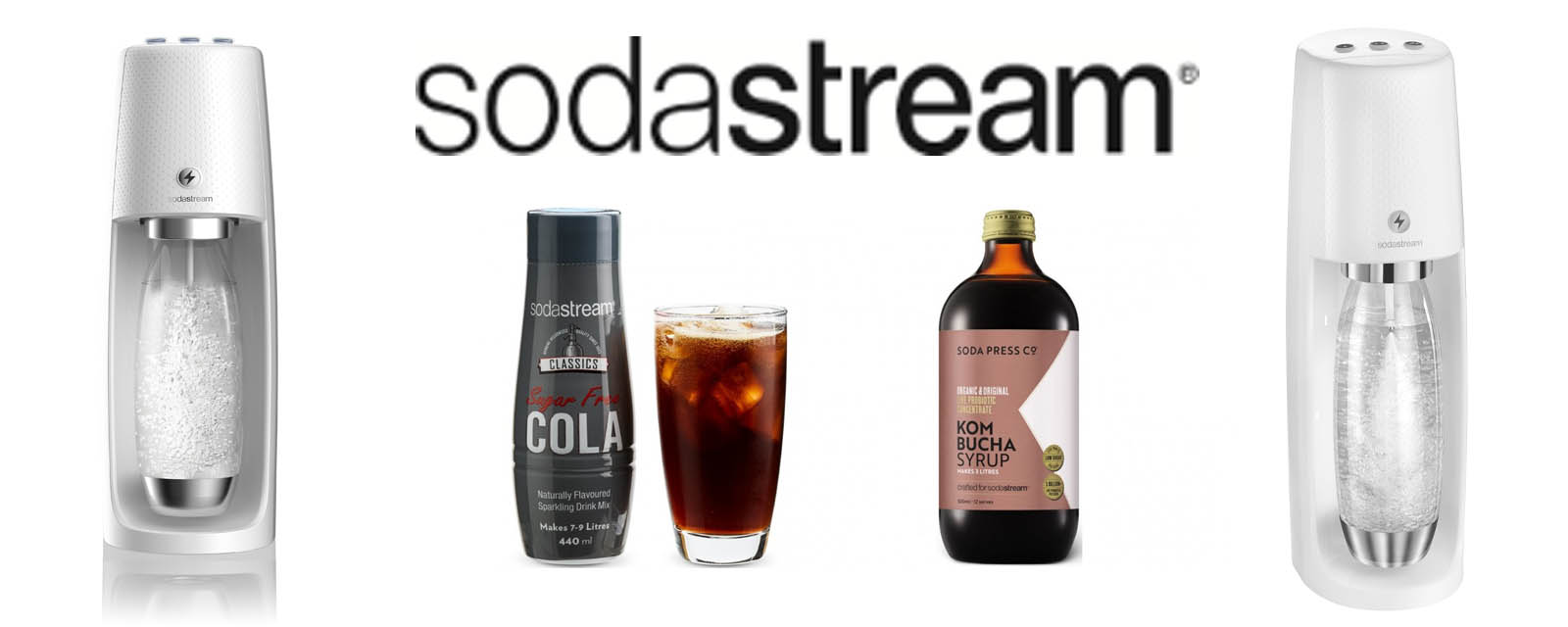 Two images of the SodaStream Spirit One Touch Sparkling Water Make, along with an image of SodaStream's sugar-free cola flavour and Soda Press Co's Kombucha flavour.