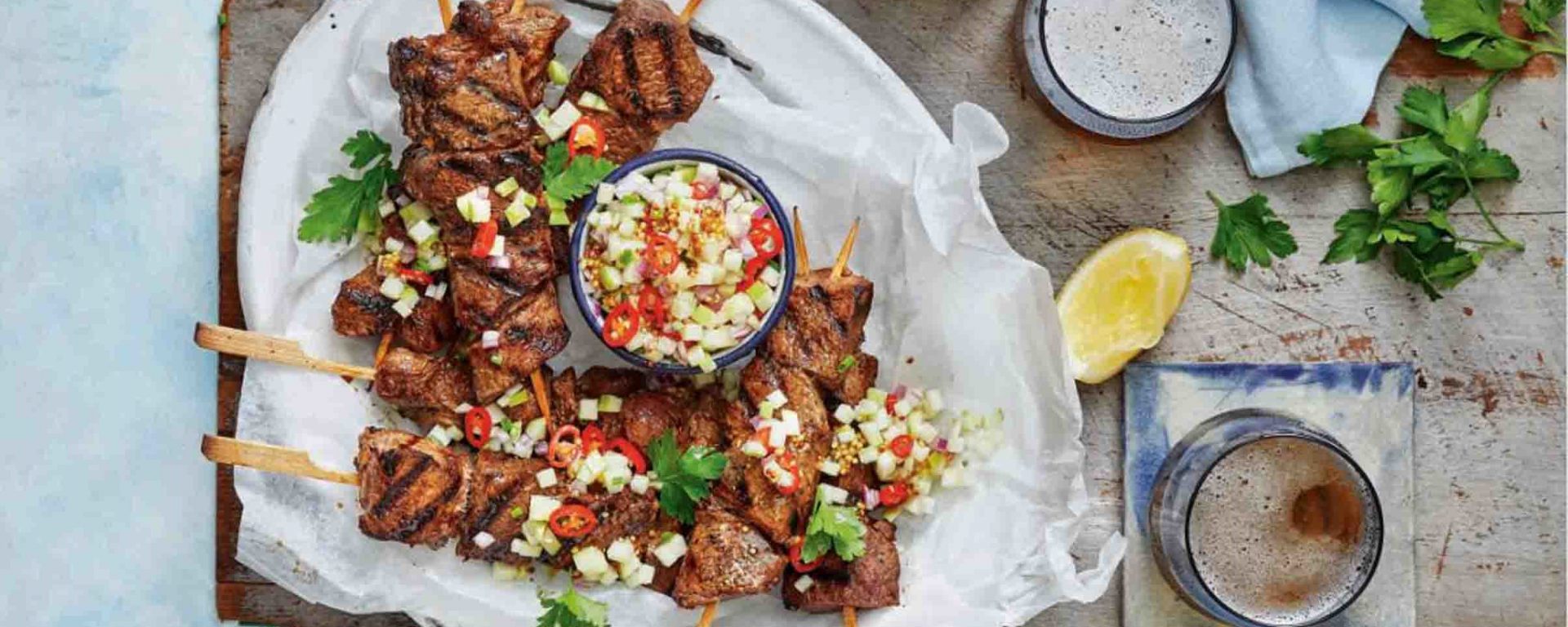 Recipe for Spicy Soy Lamb Skewers with Nashi Pear Salsa.
