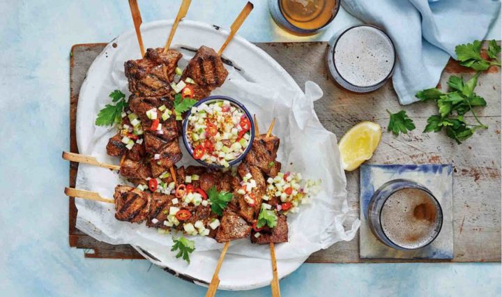 Recipe for Spicy Soy Lamb Skewers with Nashi Pear Salsa.