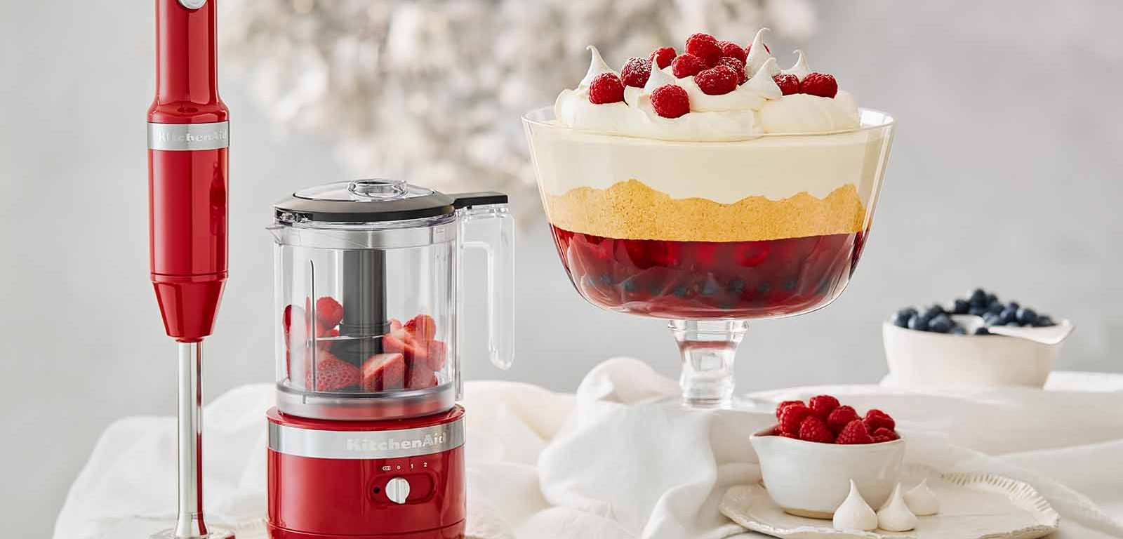 Summer Berries Trifle next to the KitchenAid Cordless Chopper, Stick Blender & Hand Mixer.