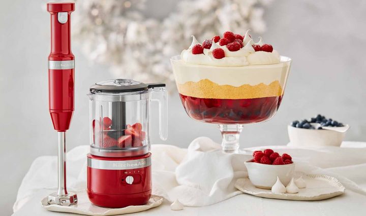 Summer Berries Trifle next to the KitchenAid Cordless Chopper, Stick Blender & Hand Mixer.