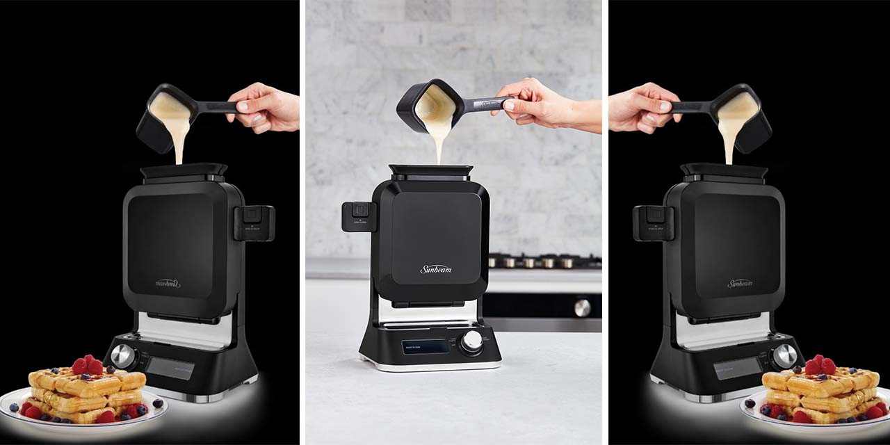 A collage of the Sunbeam Shade Select Vertical Waffle Maker.