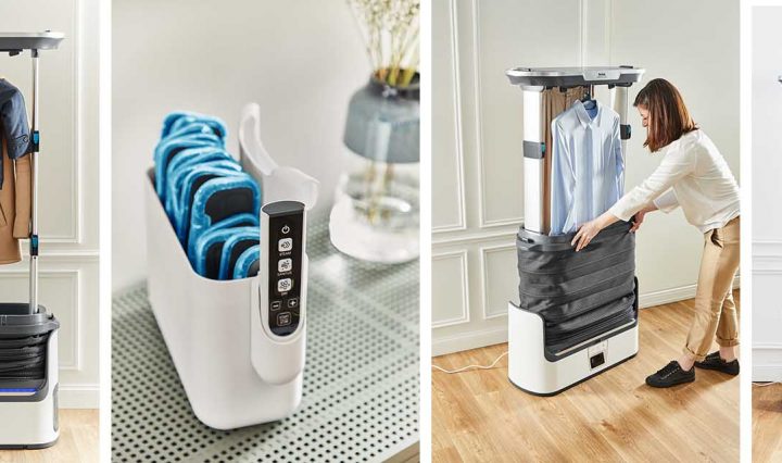 Images of the Tefal Care For You Automatic Garment Steamer in action.